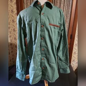 Green Button-Up Shirt with Brown Accents